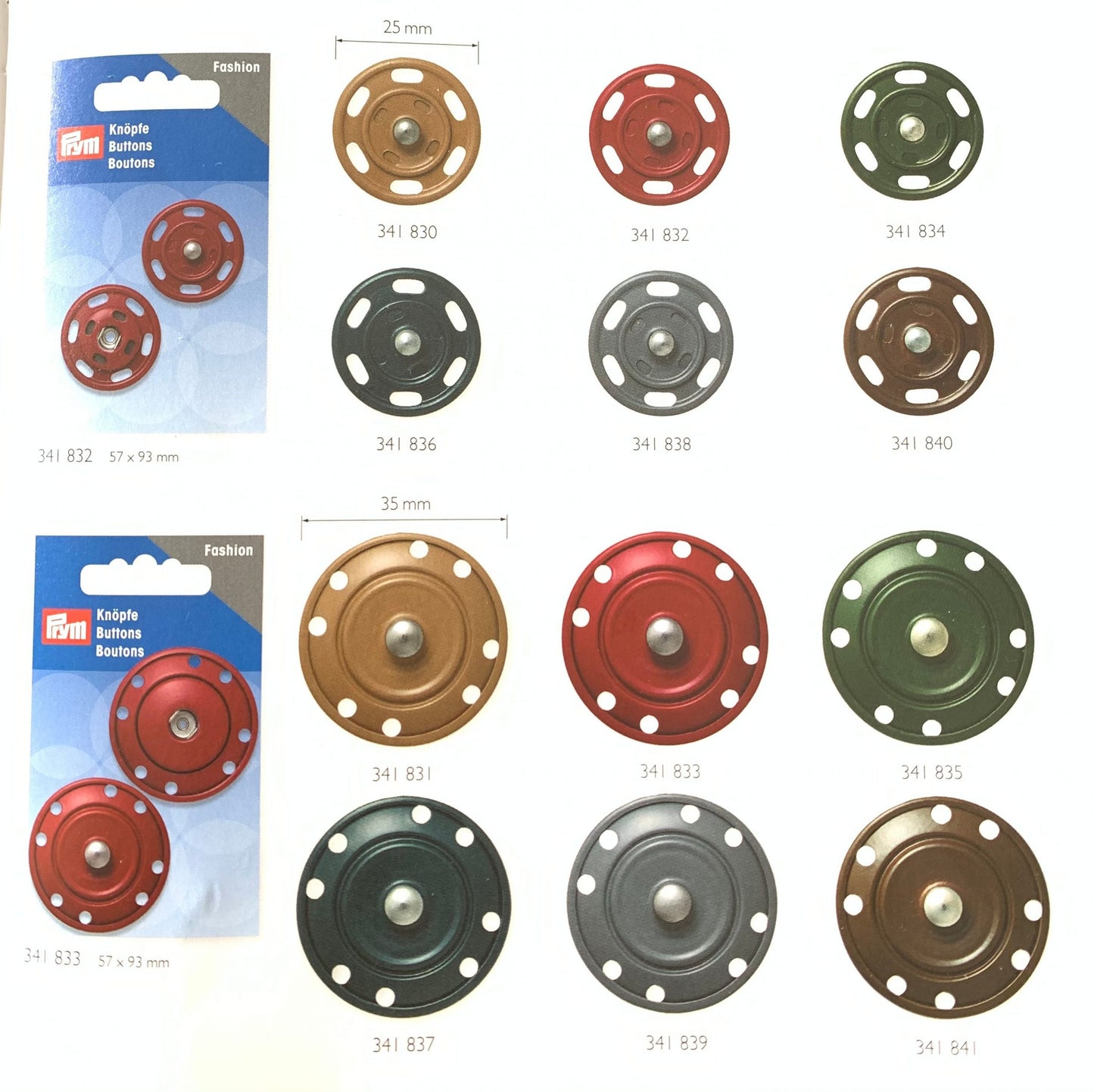 Metal Sew-on Snap Fastener 25mm and 35mm, 6 colours